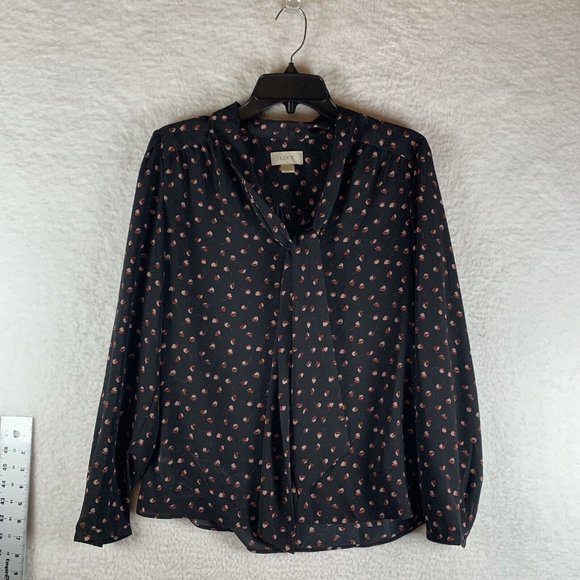Ann Taylor LOFT Blouse Top Women Black Small Floral Tie Neck‎ Long Sleeve 8026 - Picture 1 of 6